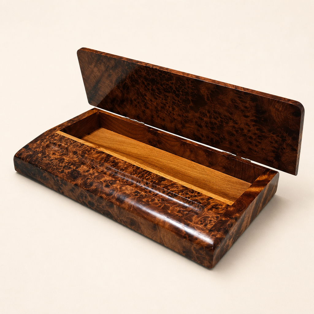 Moroccan burl wood pen box with hinged lid