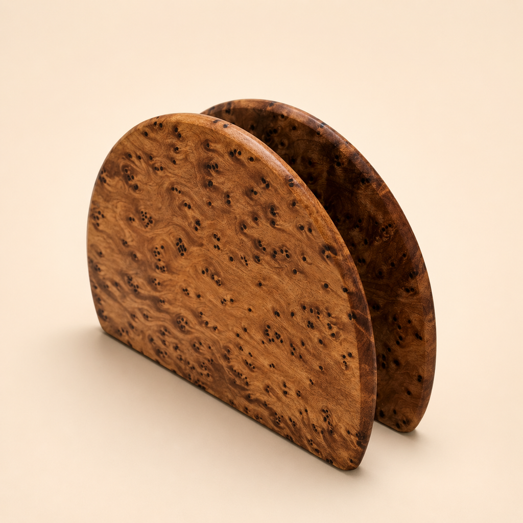 Moroccan burl wood napkin holder with rounded form