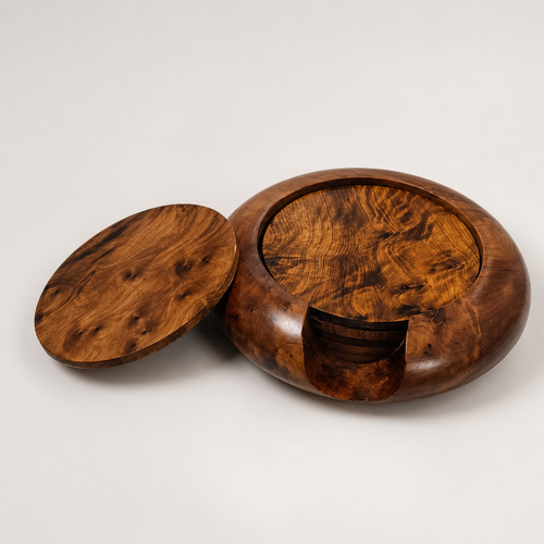 Handcrafted Moroccan wooden coaster set with matching holder