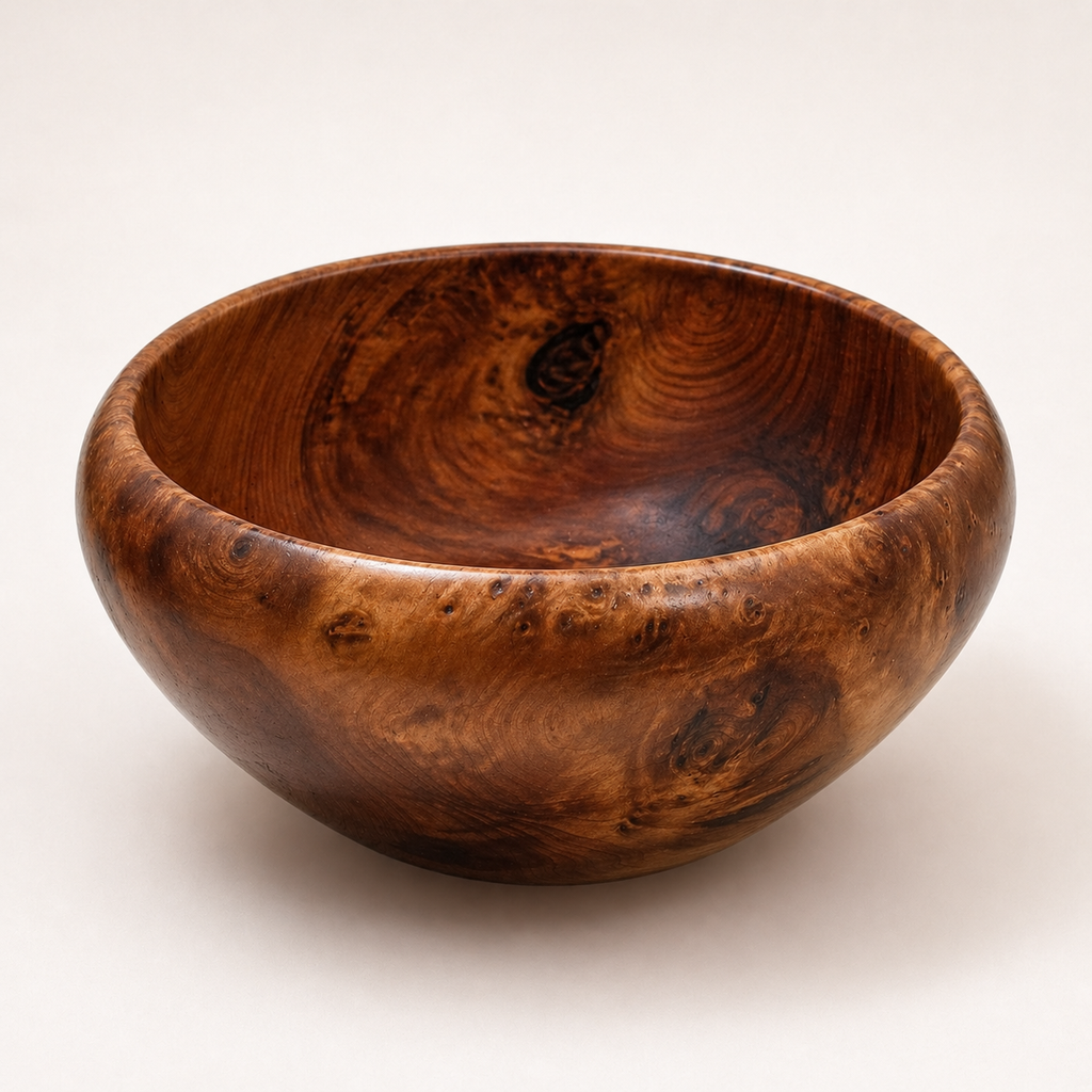 Moroccan burl wood decorative bowl with polished natural grain