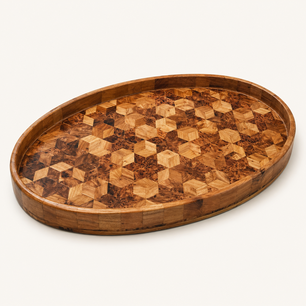 Moroccan mosaic wood serving tray with geometric pattern