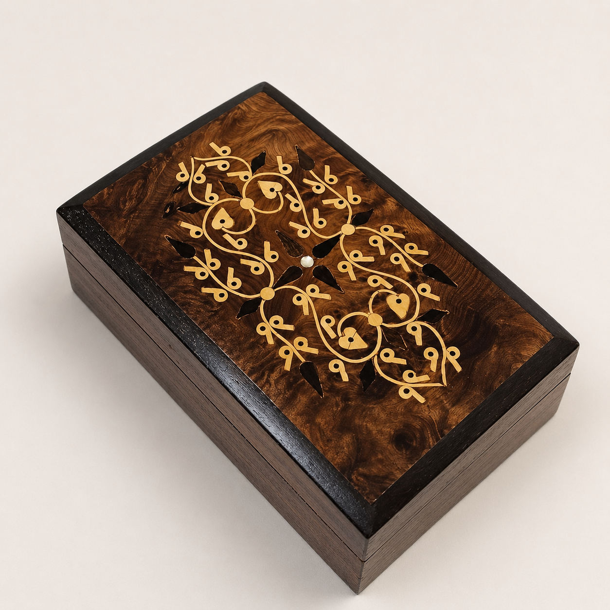 Moroccan inlaid wood keepsake box with decorative lid