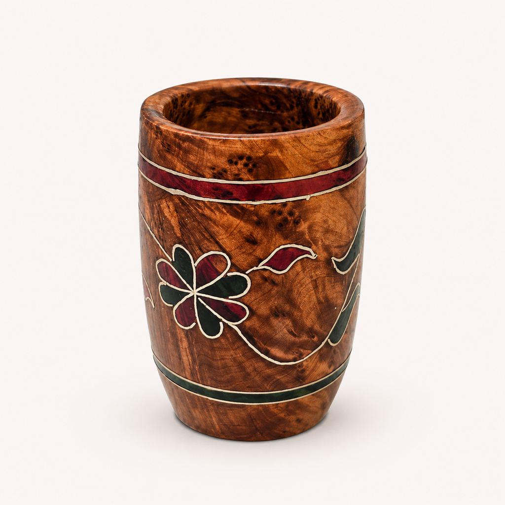 Moroccan burl wood decorative cup with hand-painted floral detail