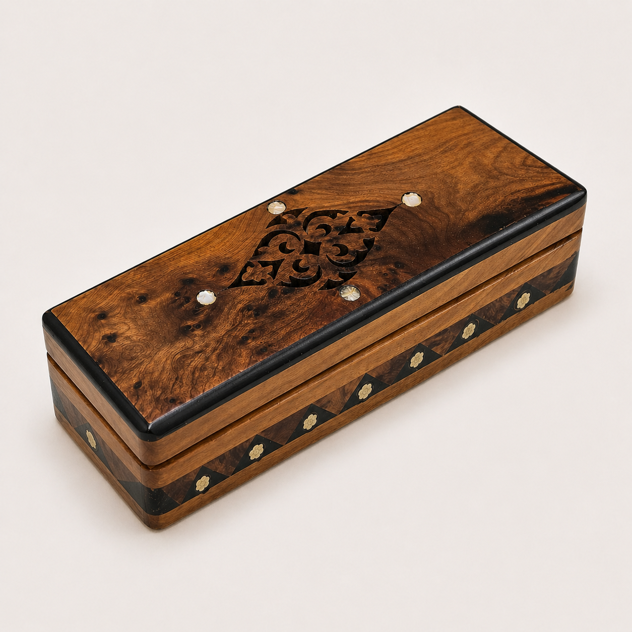 Moroccan burl wood keepsake box with decorative lid