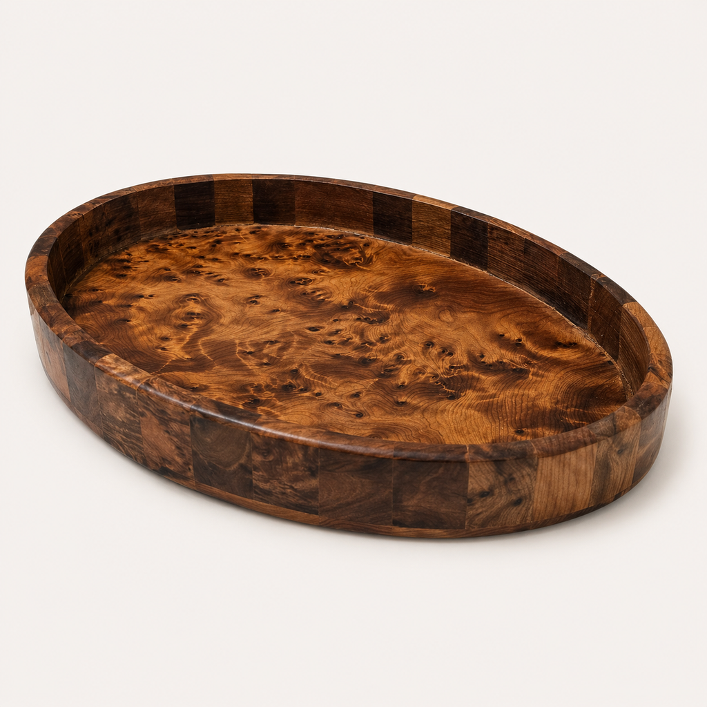 Moroccan burl wood serving tray with rounded shape and polished finish