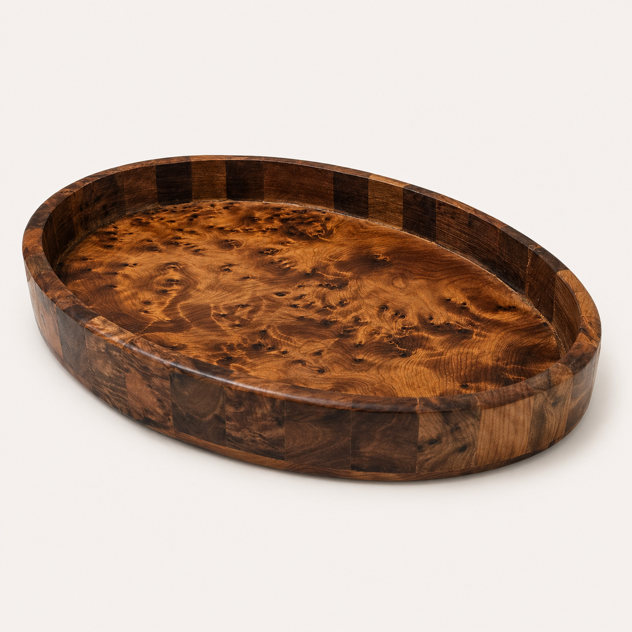 Moroccan burl wood serving tray with rounded shape and polished finish