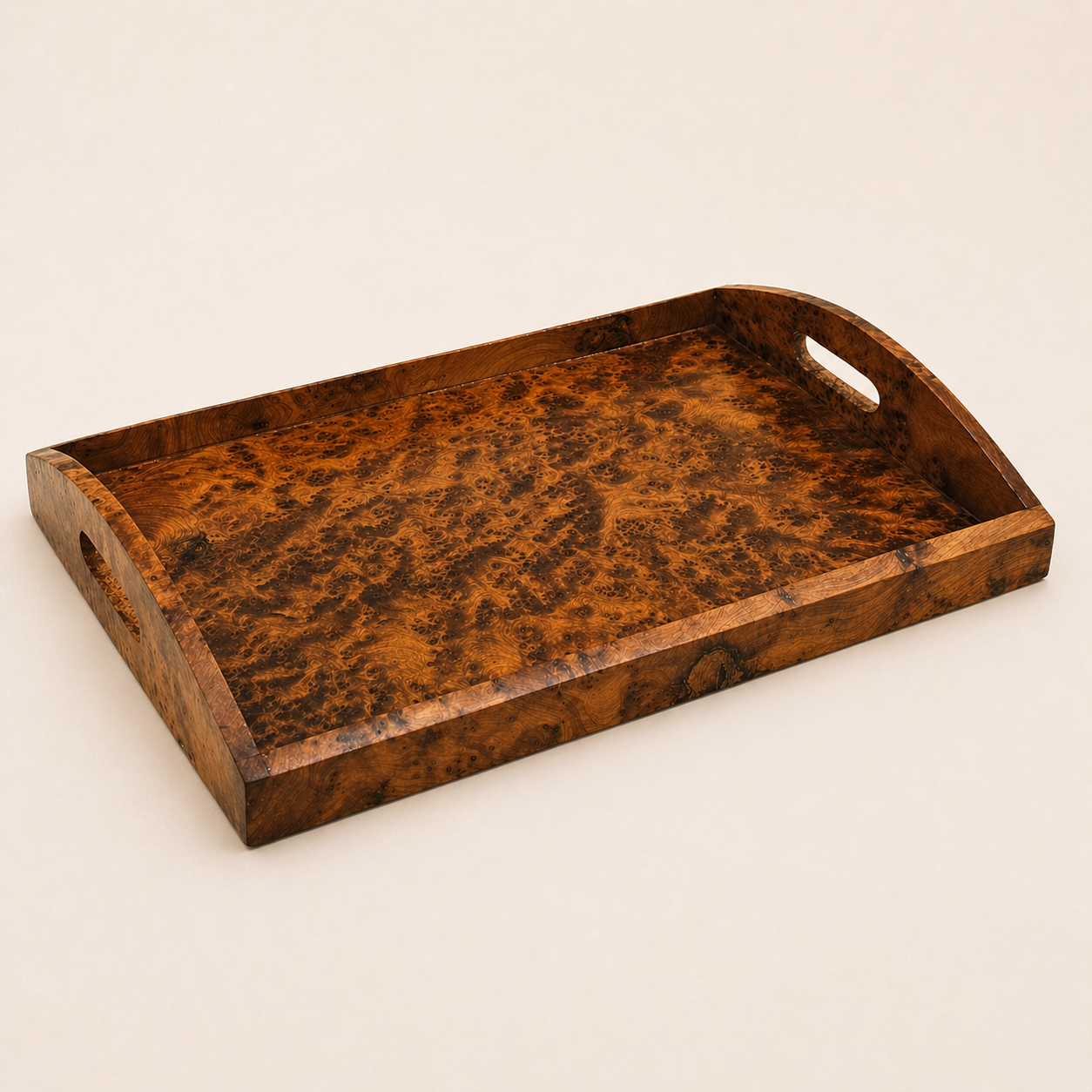 Moroccan burl wood rectangular serving tray with polished finish