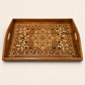 Moroccan inlaid wood serving tray with decorative geometric pattern